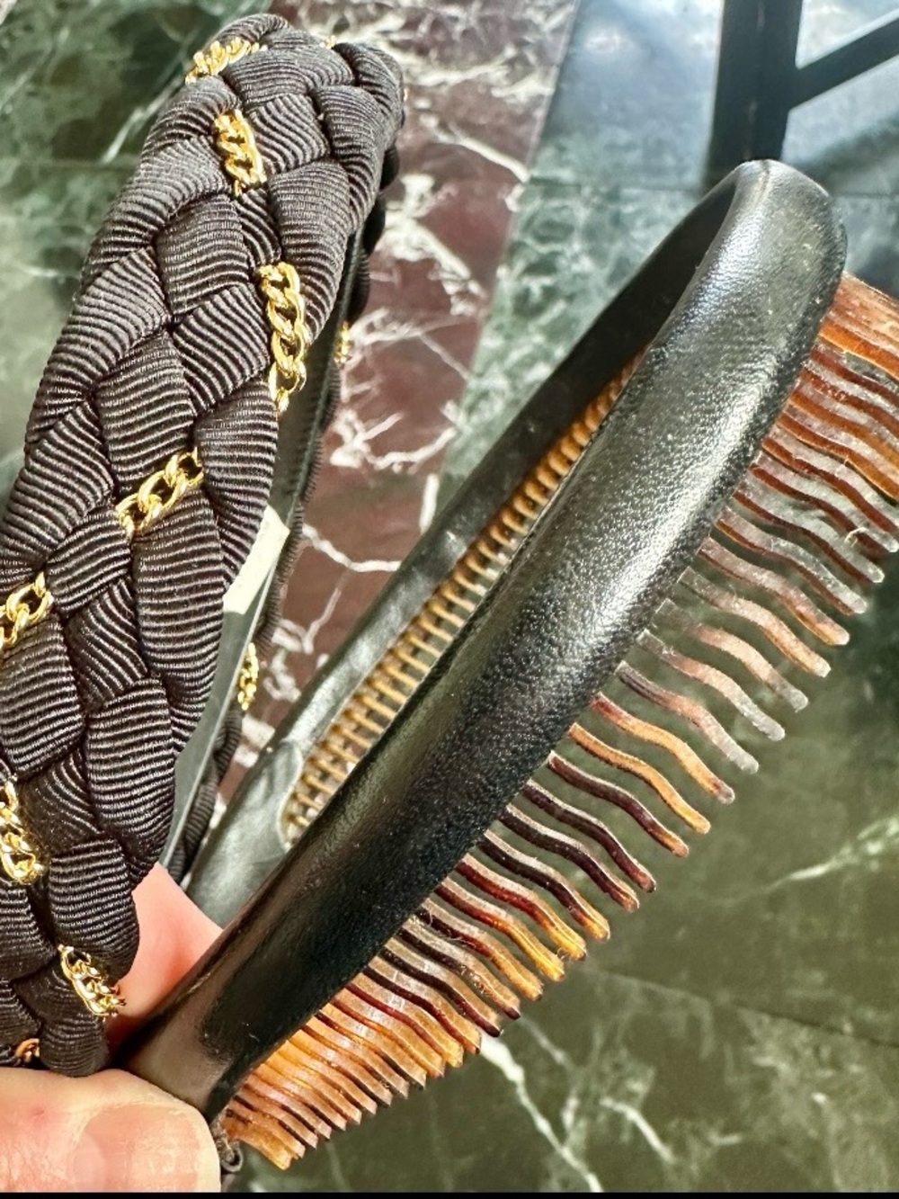 VINTAGE 1980s BLACK FASHION HAIRBANDS GROSGRAIN RIBBON GOLD CHAIN LEATHER COMB